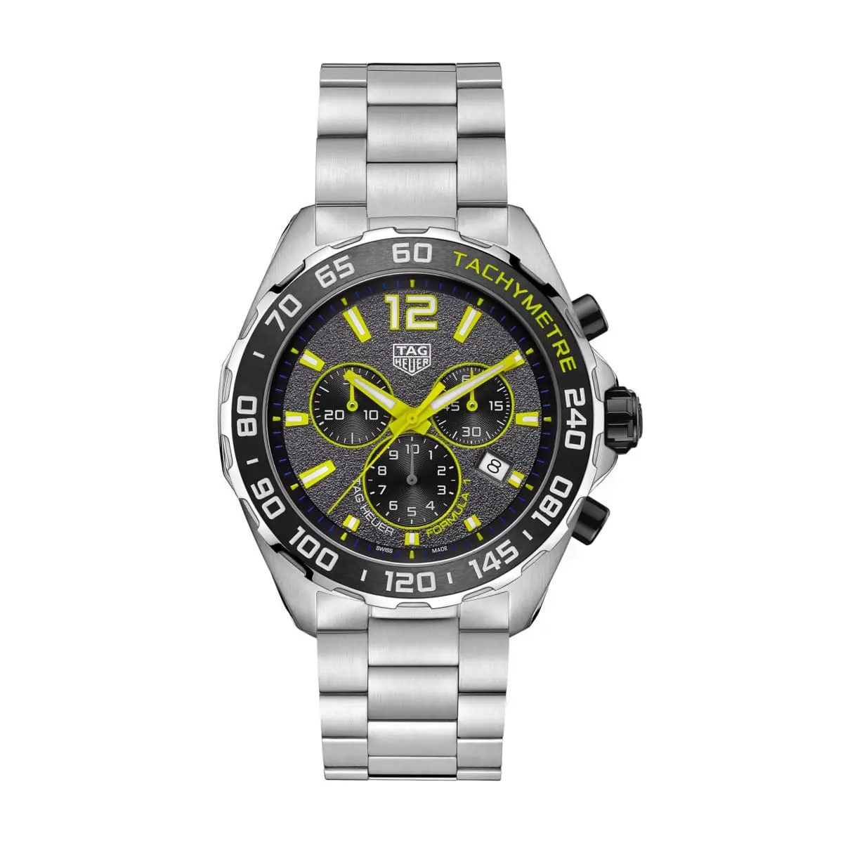 Stainless steel TAG Heuer chronograph watch with a black tachymeter bezel, yellow accents, and three subdials on a textured gray dial.