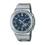 Casio G-Shock stainless steel watch with a blue dial and digital display on a metal bracelet