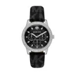 Michael Kors wristwatch with black strap and crystal-embellished silver bezel, black dial with subdials