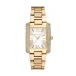 Gold-tone rectangular Michael Kors wristwatch with crystal-encrusted sides and white dial showing Roman numerals.