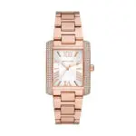 Rose gold Michael Kors women's rectangular watch with crystal-studded sides and Roman numeral markers on a white dial.