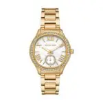 Gold Michael Kors wristwatch with a crystal-studded bezel and white dial featuring Roman numerals and a small seconds subdial on the face.