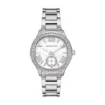 Silver Michael Kors wristwatch with crystal-studded bezel and metal link band, white dial with Roman numerals and a small seconds subdial