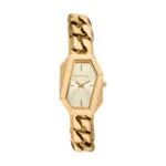Gold-tone Michael Kors hexagonal watch with a chunky chain-link bracelet and white dial featuring minimal markers.