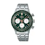 Seiko stainless steel chronograph watch with a green dial, rose-gold hands and markers, three white subdials, and a date window on a metal bracelet, with a tachymeter bezel.