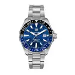 TAG Heuer Aquaracer stainless steel dive watch with a blue textured dial and 24-hour rotating bezel.0