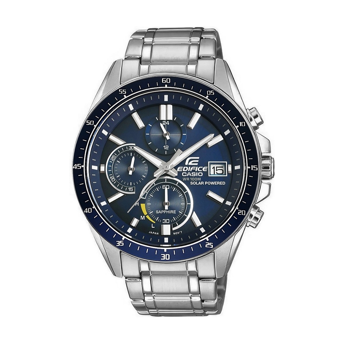 Casio Edifice stainless steel chronograph watch with blue dial, three subdials, date window, and sapphire crystal