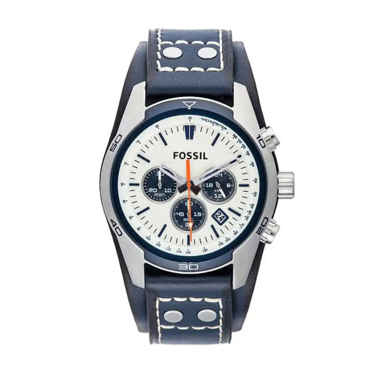 Fossil chronograph wristwatch with white dial, blue subdials, orange second hand, and blue leather strap with white stitching