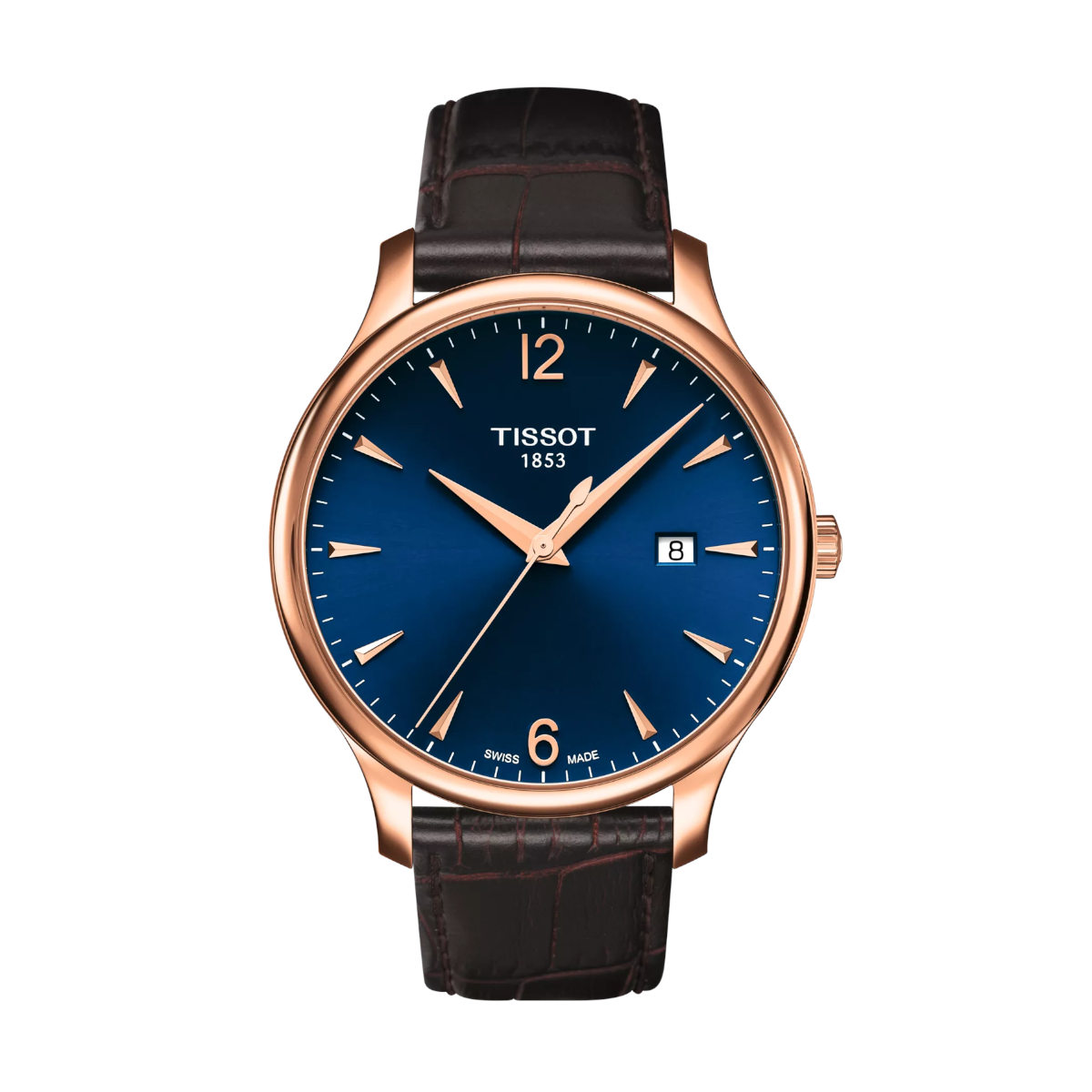 Rose-gold Tissot wristwatch with a blue dial, brown leather strap, and date window at 3 o'clock (8th).