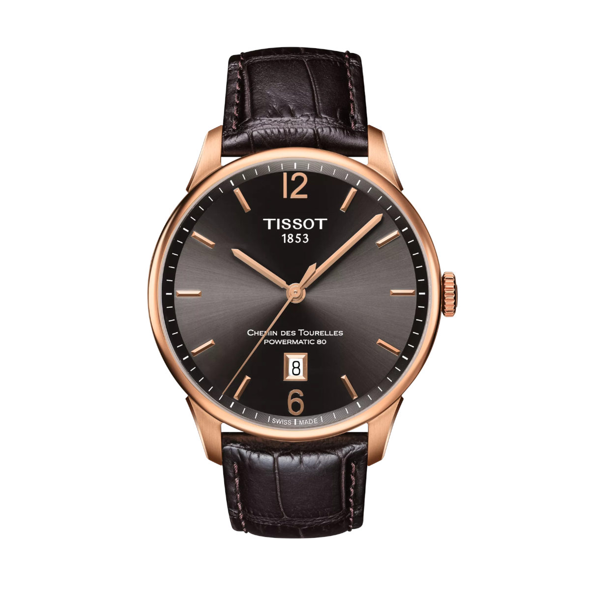 Rose-gold Tissot dress watch with a black sunburst dial and brown leather strap, showing a date window at 6 o'clock