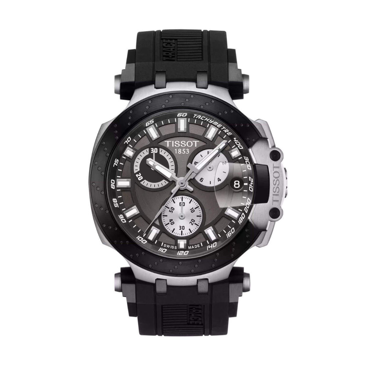 Tissot men's chronograph watch with black rubber strap, stainless steel case, black dial, three subdials, and date at 3 o'clock.
