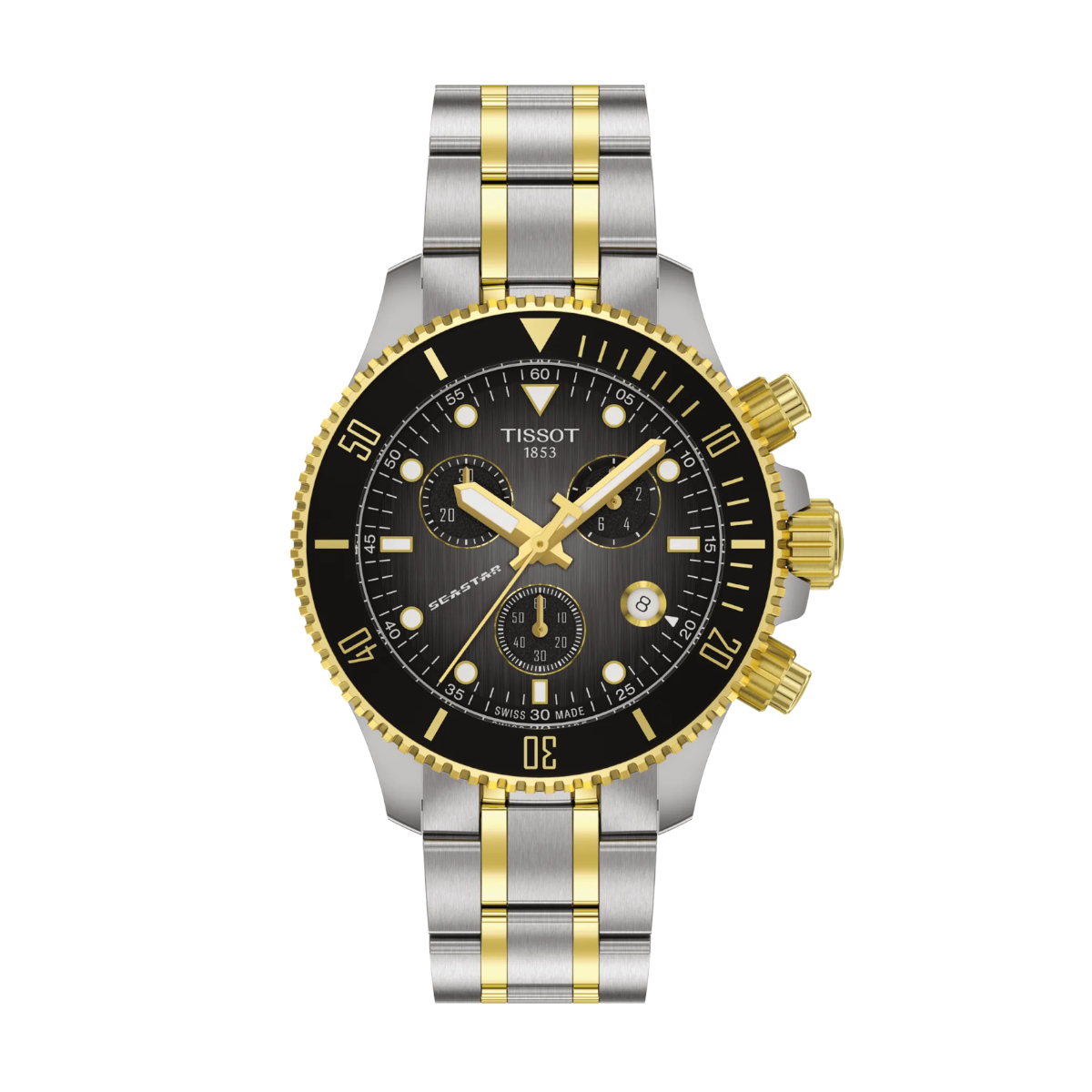 Two-tone stainless steel Tissot chronograph watch with a black dial and gold accents.