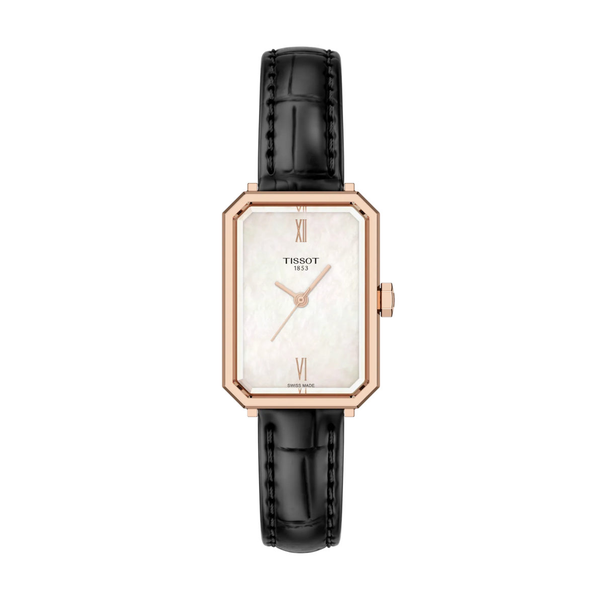 Rose gold rectangular watch with black leather strap and mother-of-pearl dial (Tissot).