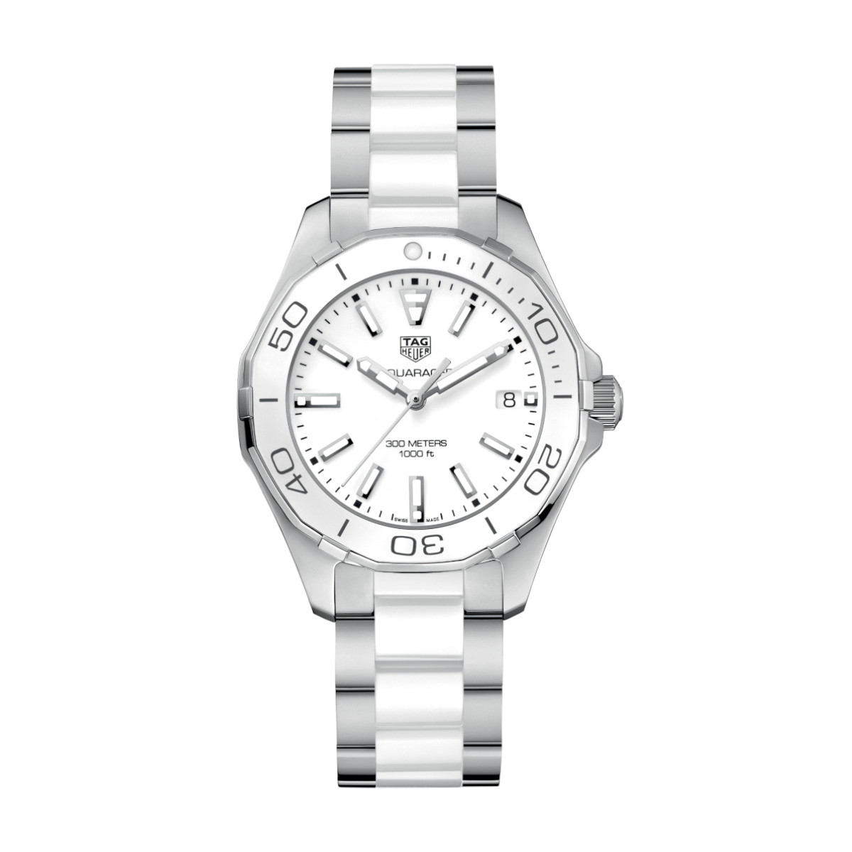 TAG Heuer Aquaracer stainless steel wristwatch with white dial, date window, and unidirectional bezel.