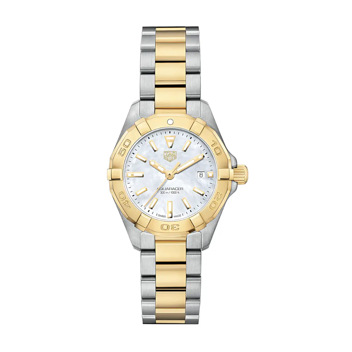 Two-tone gold and stainless steel TAG Heuer Aquaracer watch with a white dial and date window.