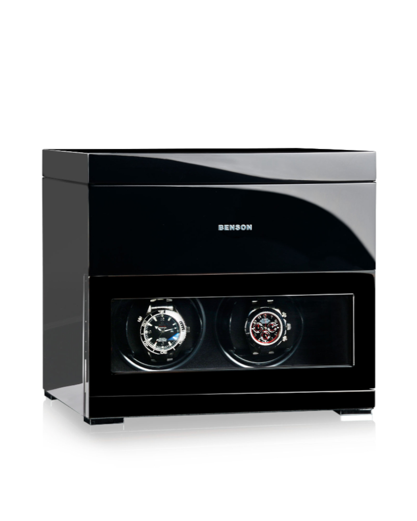 Black glossy Benson watch winder cabinet with a glass front showing two wristwatches side by side.