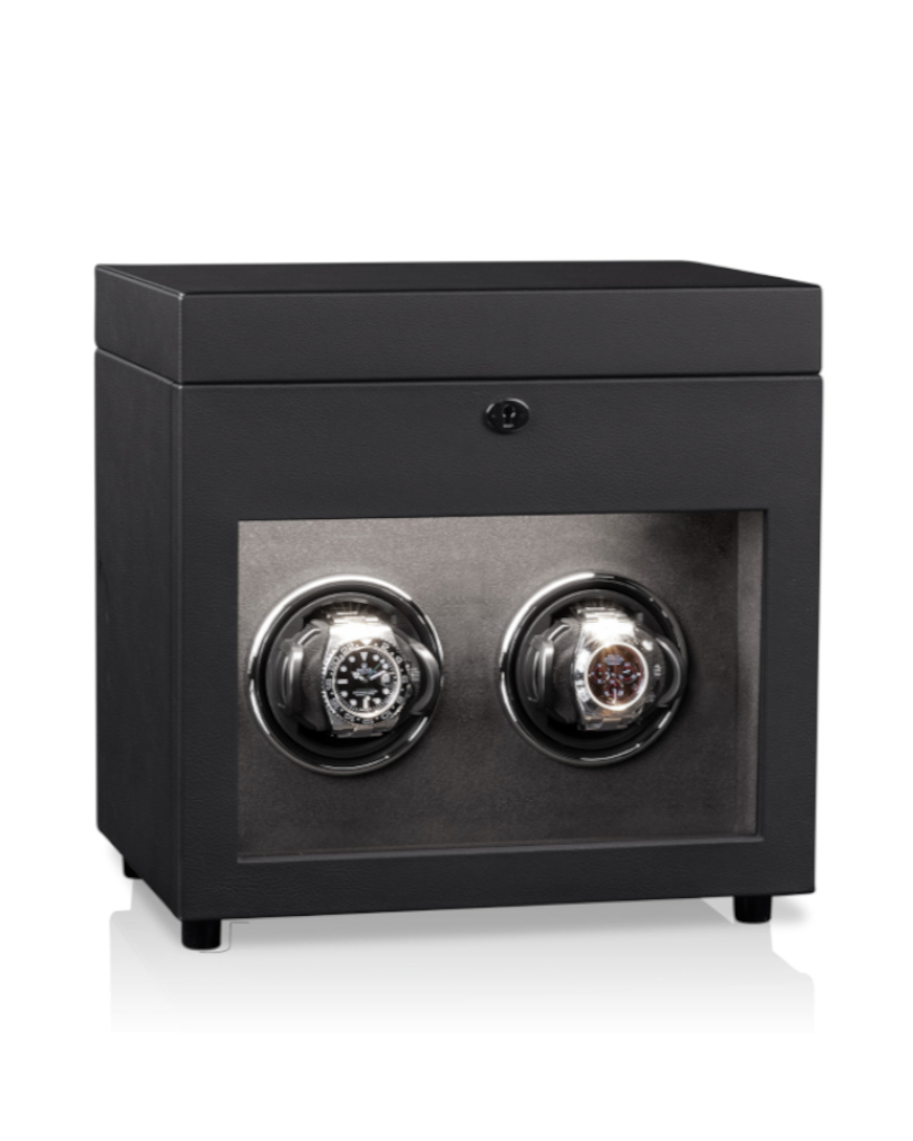Black safe with a glass front housing two circular watch winders for automatic watches (dual winding unit)