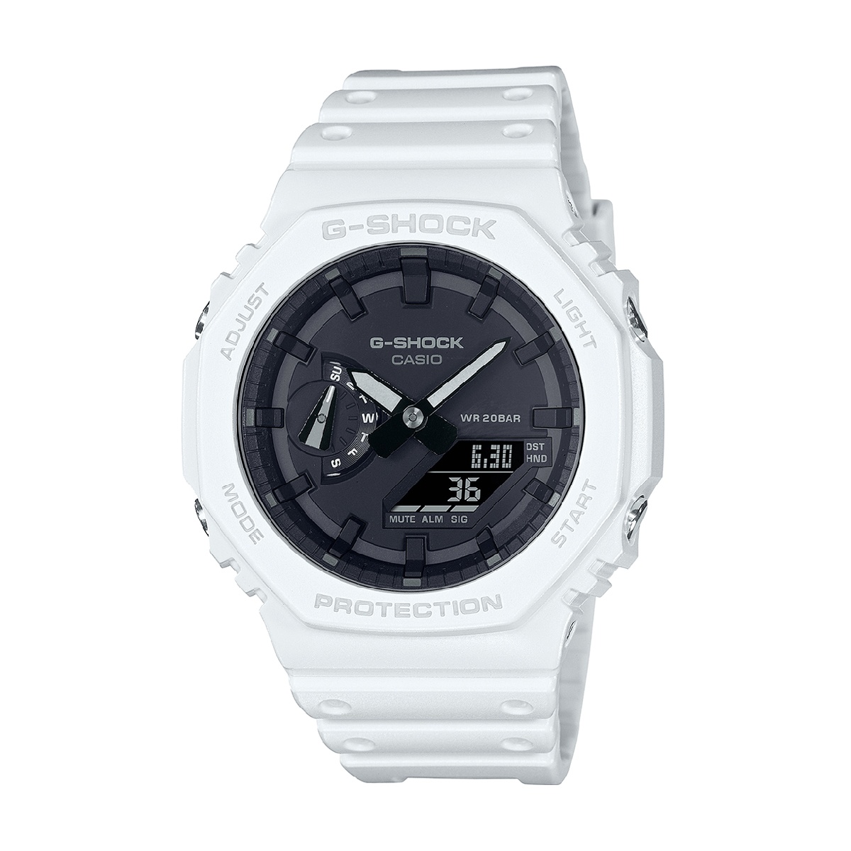 White Casio G-Shock wristwatch with a black dial and digital display on a chunky white resin band.