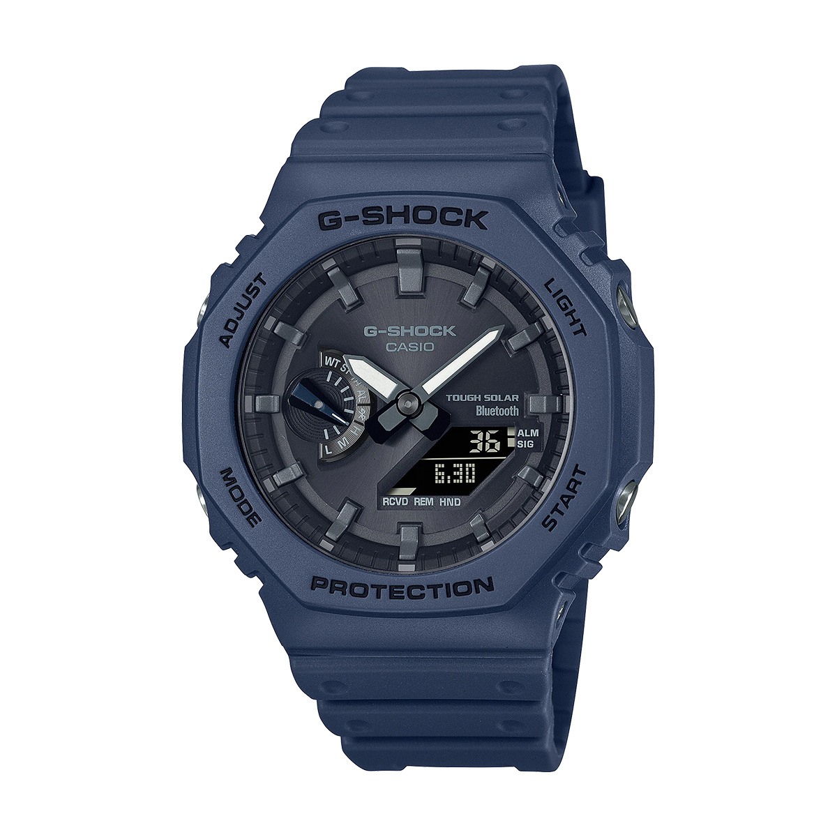 Blue G-SHOCK Casio watch with analog hands and digital display, rugged case and band, labeled Tough Solar and Bluetooth