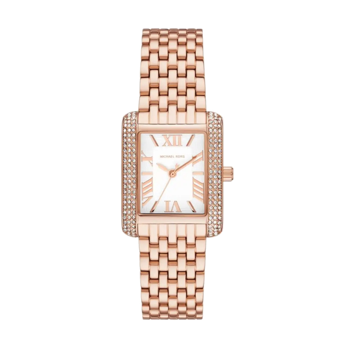 Rose gold Michael Kors rectangular watch with crystal-studded bezel, white dial, Roman numeral markers, and a linked bracelet.