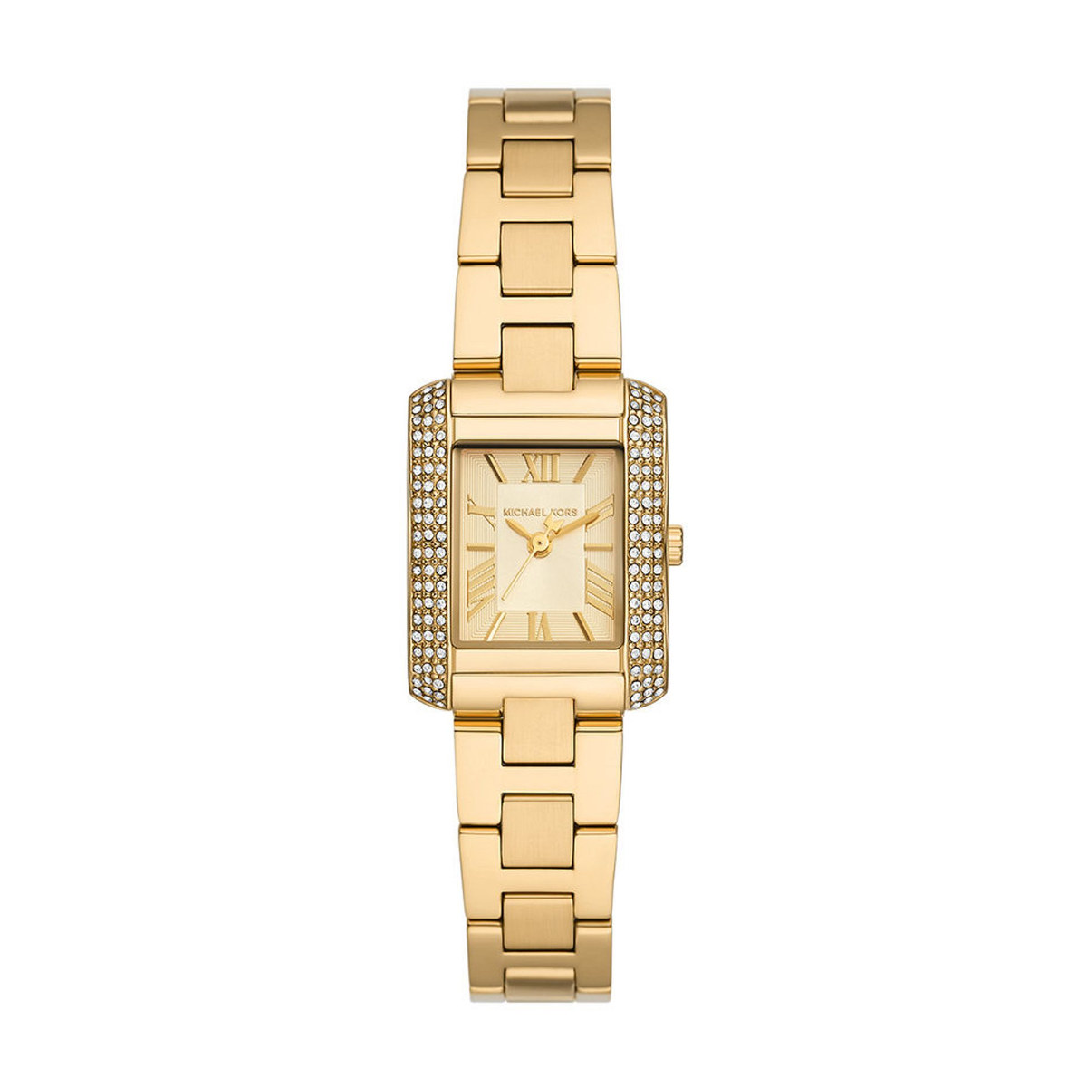 Gold-tone rectangular Michael Kors wristwatch with diamond-studded bezel and metal link bracelet.