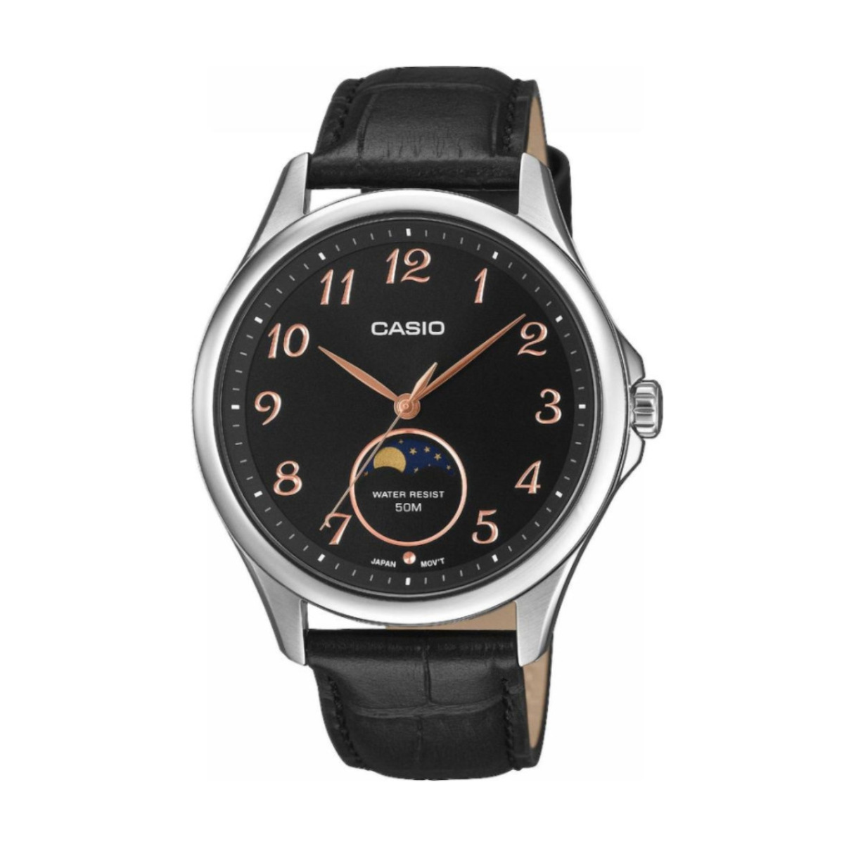Casio analogue watch with black dial, rose-gold numerals and hands, and a black leather strap.