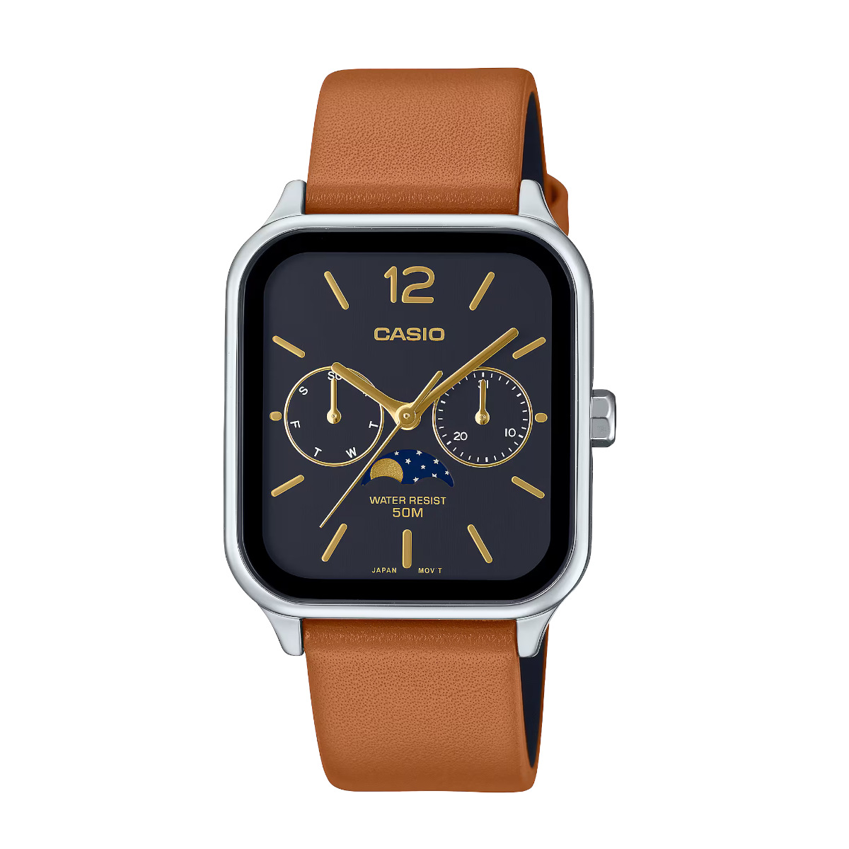 Casio smartwatch with a dark dial, gold hands and markers, silver case, and brown leather strap