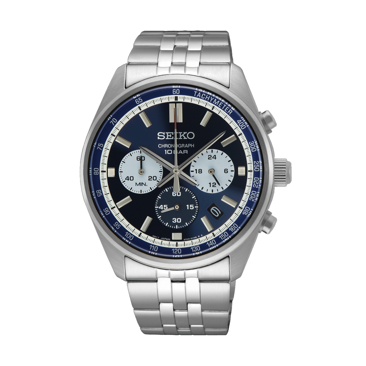 Seiko stainless steel chronograph wristwatch with a blue dial and three subdials.