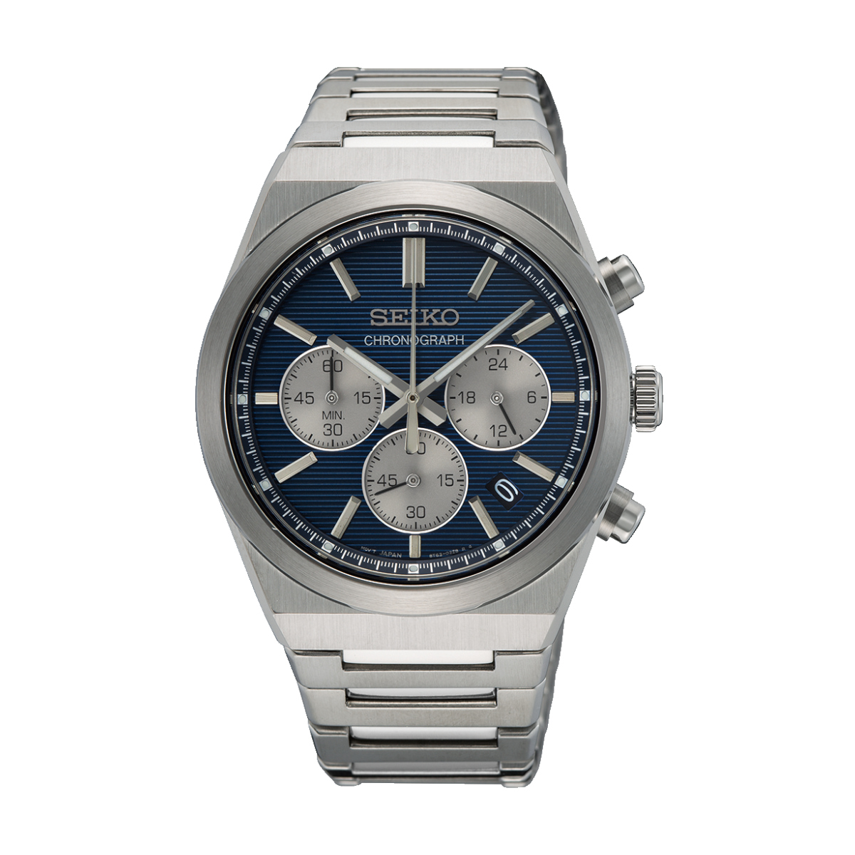 Seiko chronograph wristwatch with a blue dial and silver stainless steel case and bracelet.