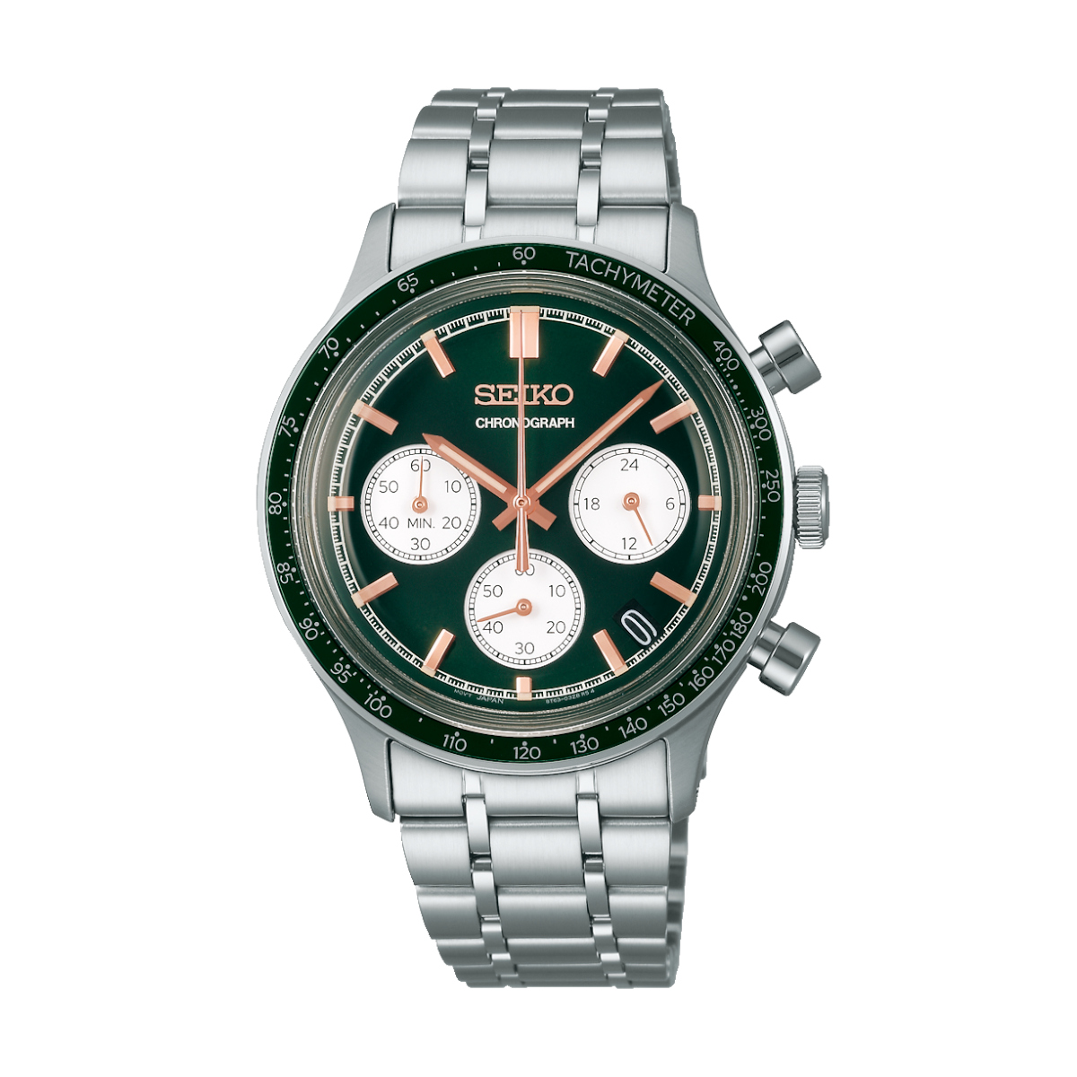 Seiko stainless steel chronograph watch with a green dial, rose-gold hands and markers, three white subdials, and a date window on a metal bracelet, with a tachymeter bezel.