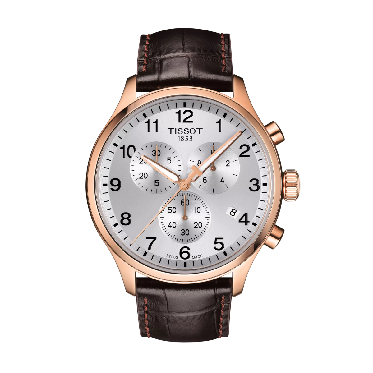Rose‑gold Tissot chronograph watch with silver dial, black leather strap, and three subdials.