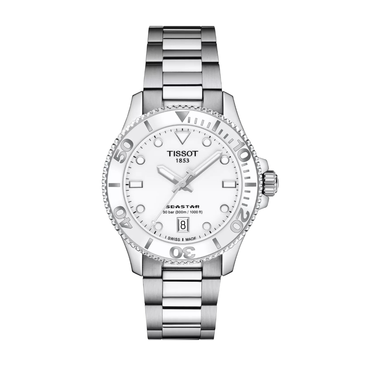 Stainless steel Tissot Seastar wristwatch with white dial and rotating bezel on a metal bracelet.