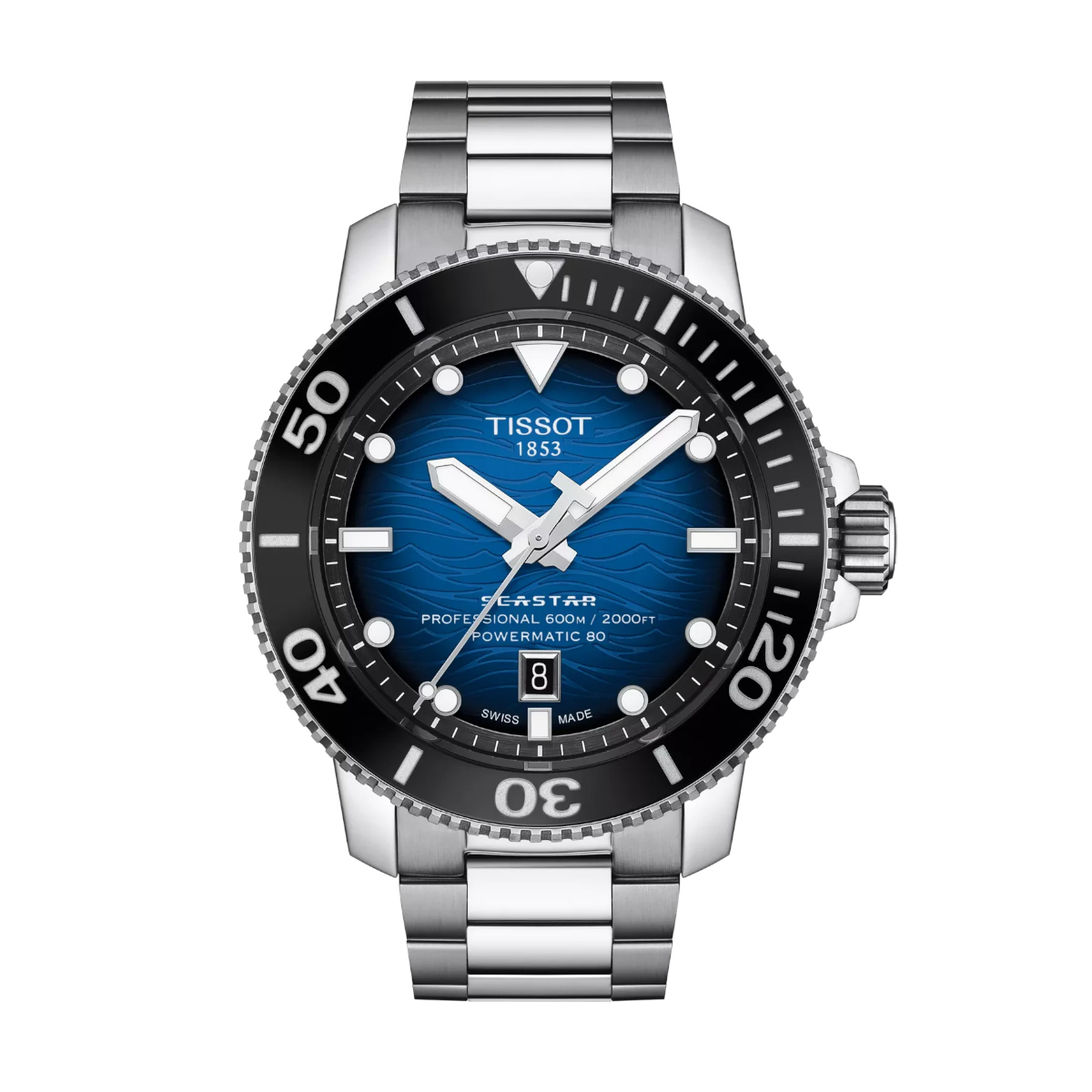 Tissot Seastar dive watch with blue dial, stainless steel bracelet and black rotating bezel showing 0–60 markers.