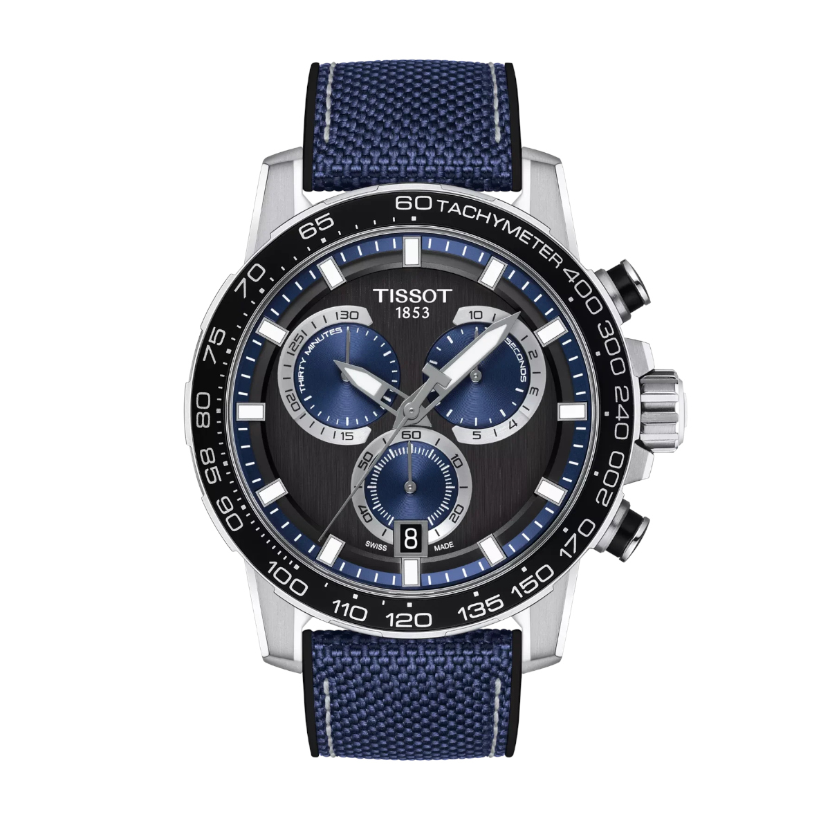 Tissot chronograph watch with blue dial and blue fabric strap, tachymeter bezel, and three subdials