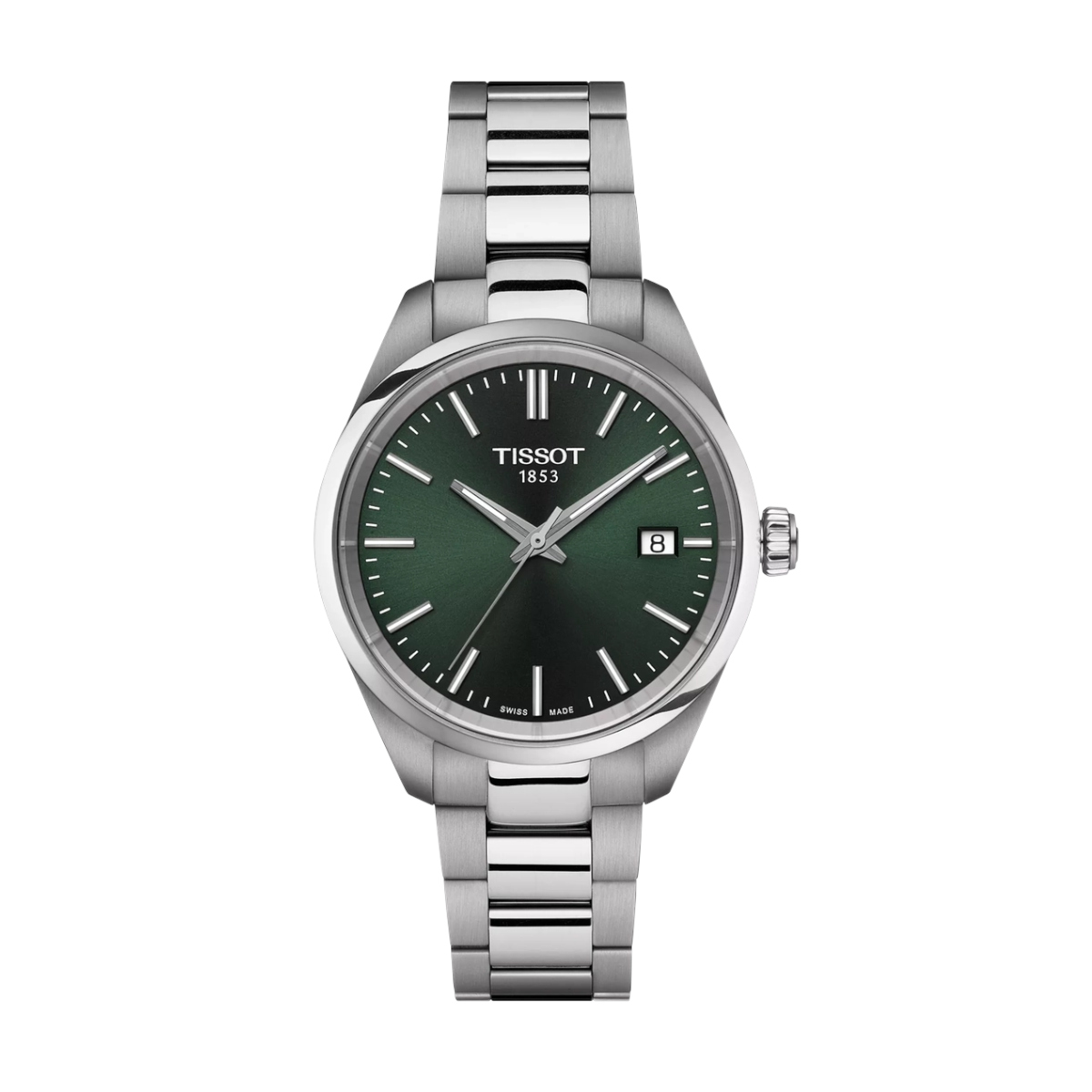 Tissot stainless steel wristwatch with a dark green dial, date window at 3 o'clock, and brushed metal bracelet