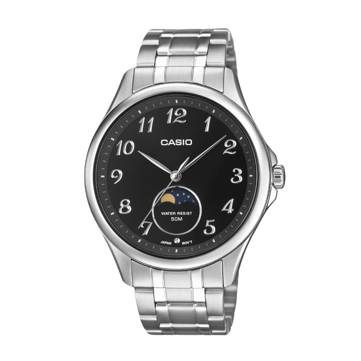 Casio stainless steel wristwatch with a black dial and moon phase window.