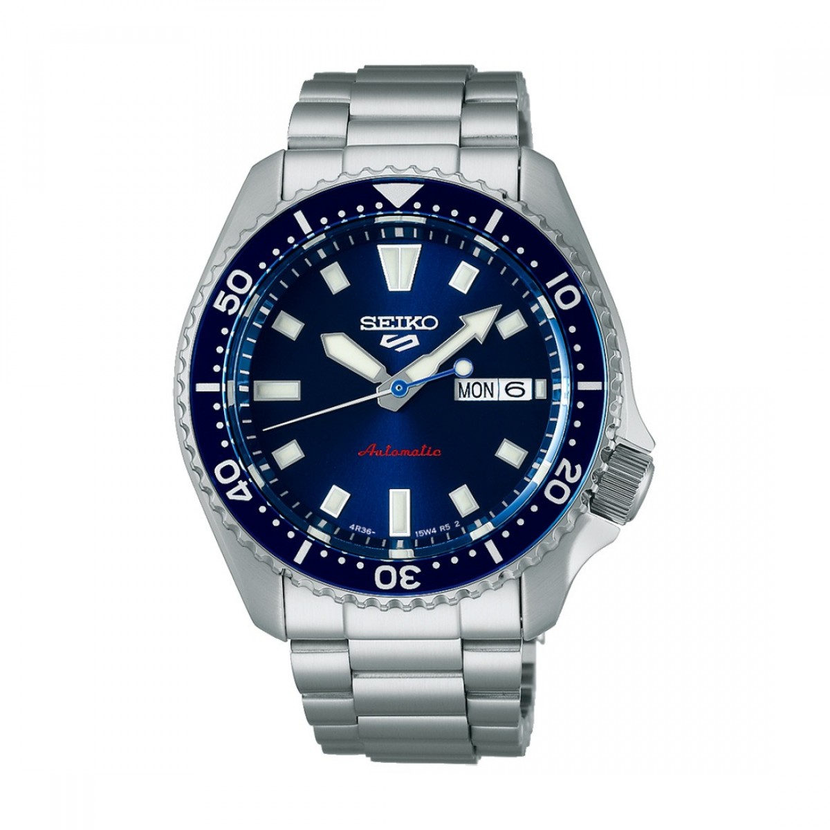 Seiko 5 Sports automatic diver's watch with a blue dial and stainless steel bracelet showing the day and date window