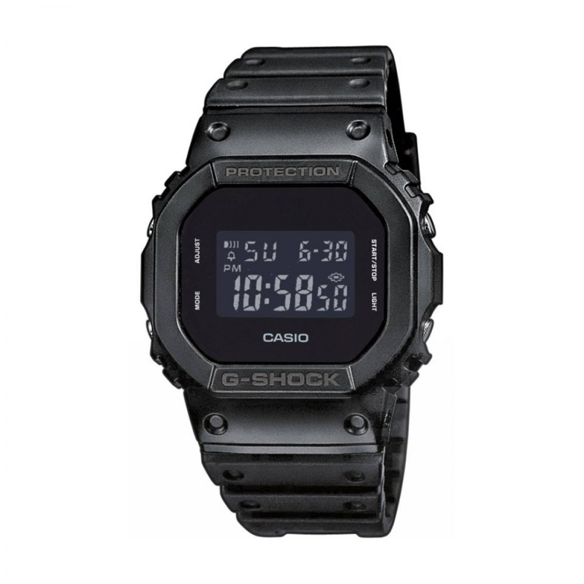 Casio G-Shock digital wristwatch in black with rugged metal bezel and LCD display showing time and date.