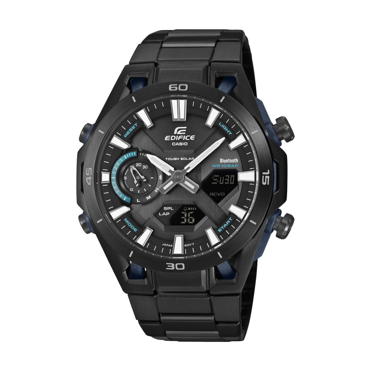 Black Casio Edifice wristwatch with metal band and blue accents, featuring analog-digital dial and rotating bezel.