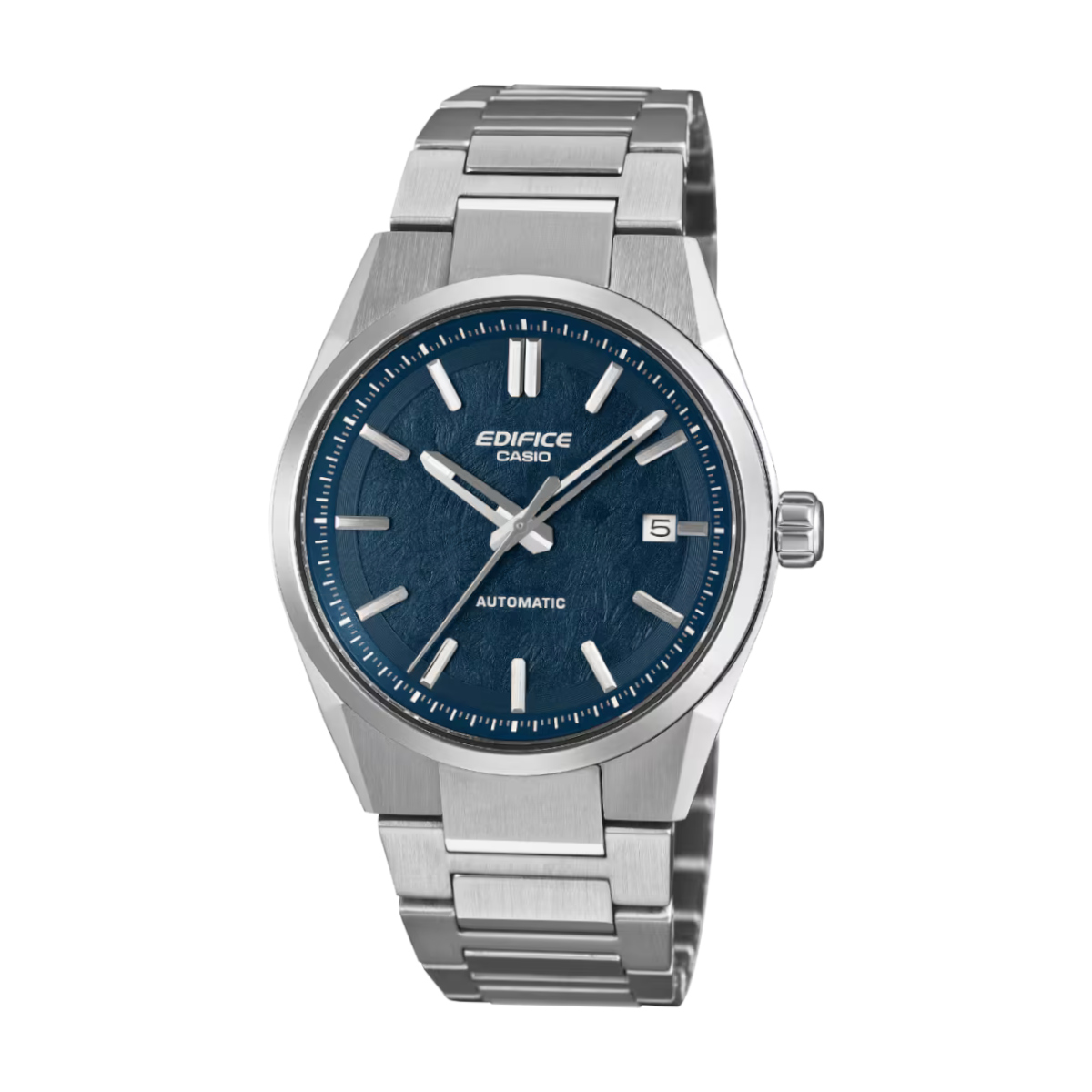 Casio Edifice stainless steel wristwatch with blue textured dial and date window at 3 o'clock