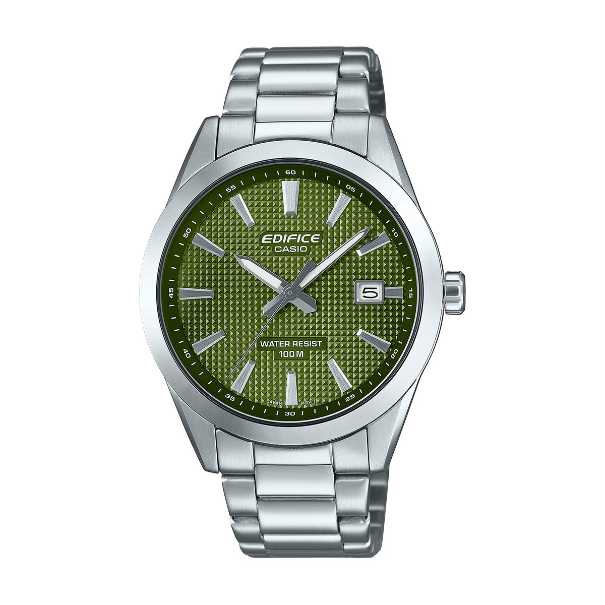 Casio Edifice stainless steel wristwatch with a green textured dial and a date window at 3 o'clock