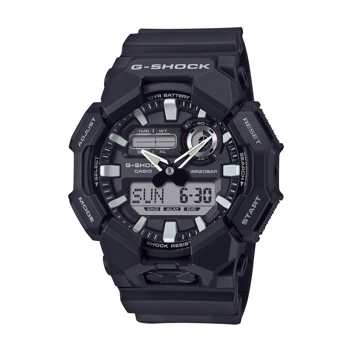 Casio G-Shock black rugged watch with digital and analog display and chunky protective bezel.