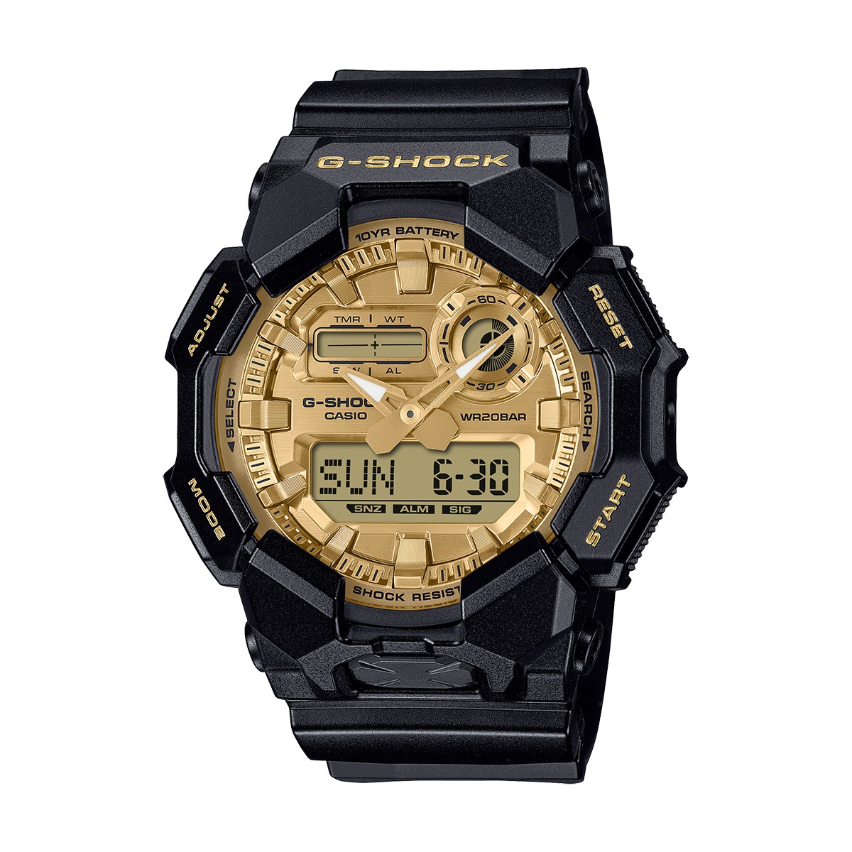 Casio G-Shock wristwatch with a black band and gold dial, featuring both analog hands and a digital display.