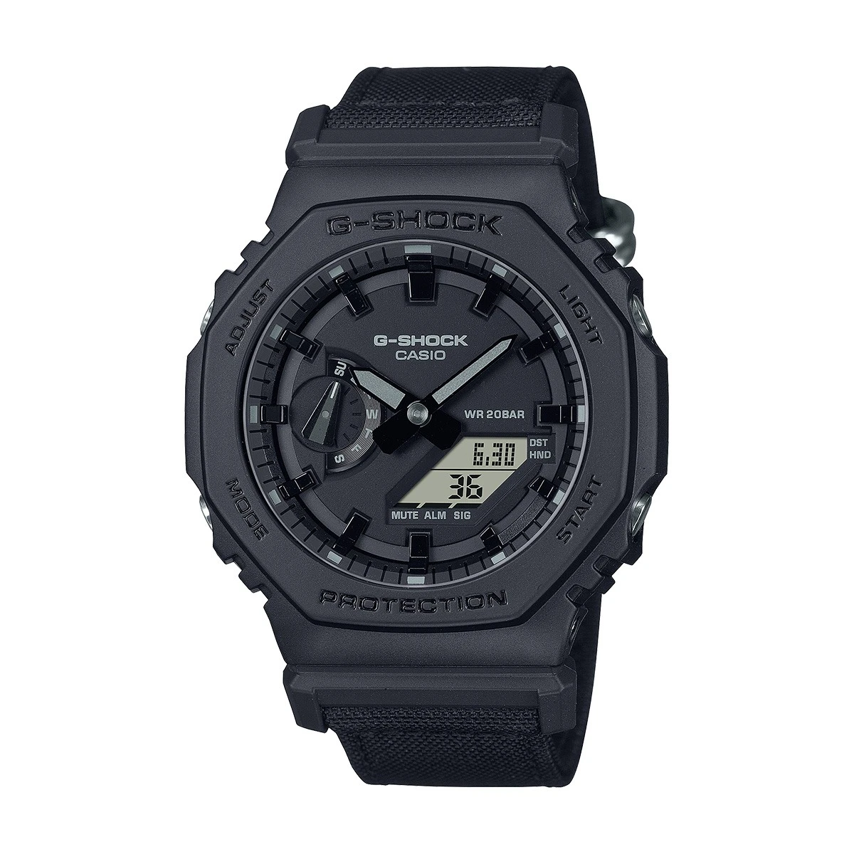 Black G-Shock watch with analog hands and digital display on a rugged resin case.