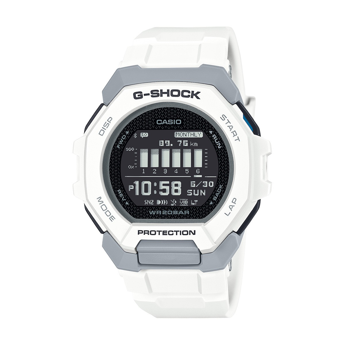 Casio G-Shock digital watch in white and gray, front view with black display showing time and date.