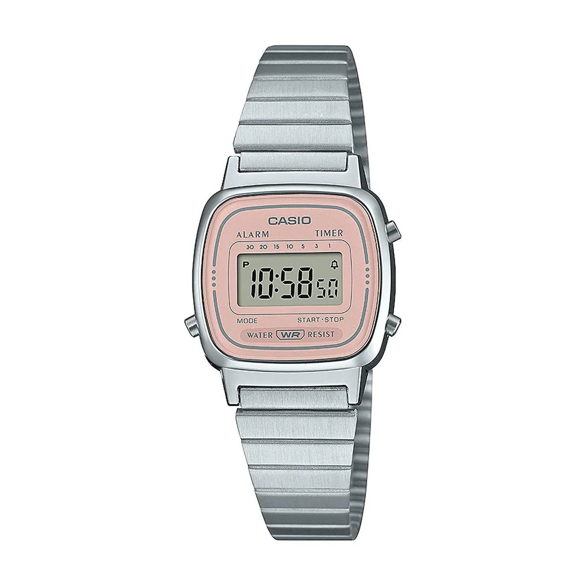 Casio digital wristwatch with pink face and silver metal band showing the time 10:58.