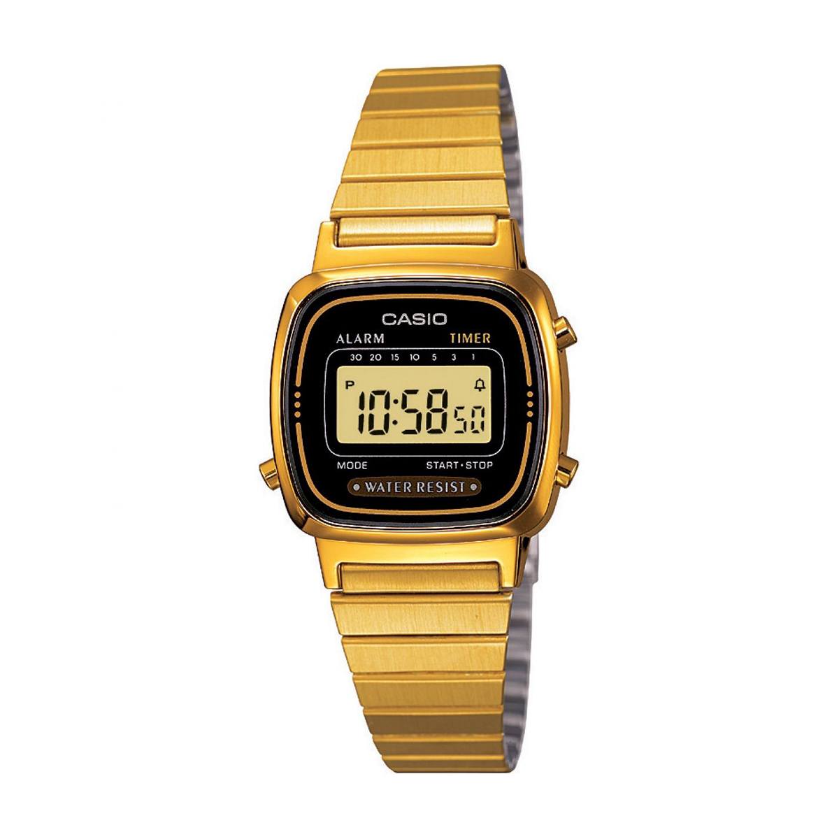 Gold-tone Casio digital wristwatch with a rectangular display and metal link band, showing 10:58:50 on the screen (water resistant