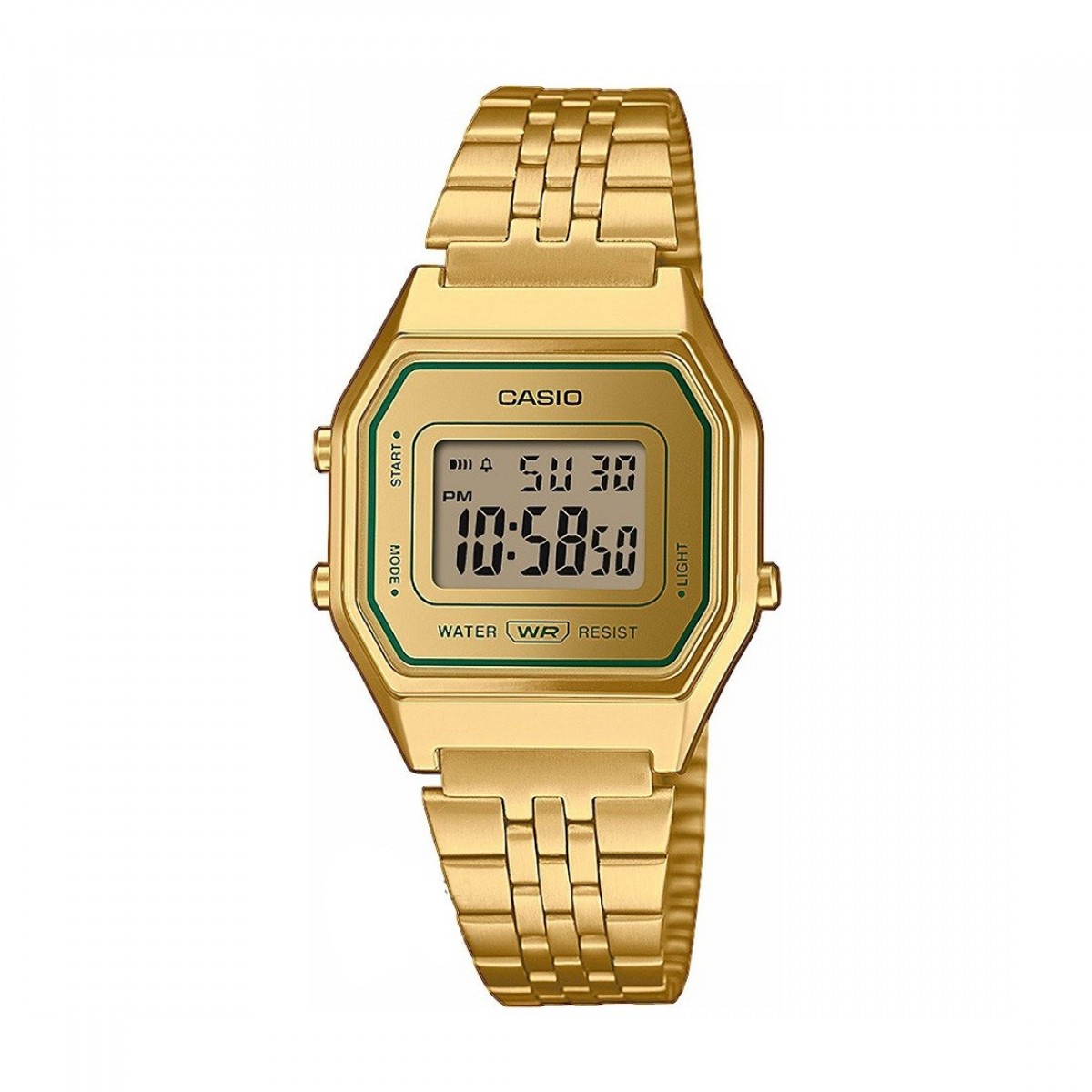 Gold Casio digital wristwatch with a metal link bracelet and rectangular display showing the time