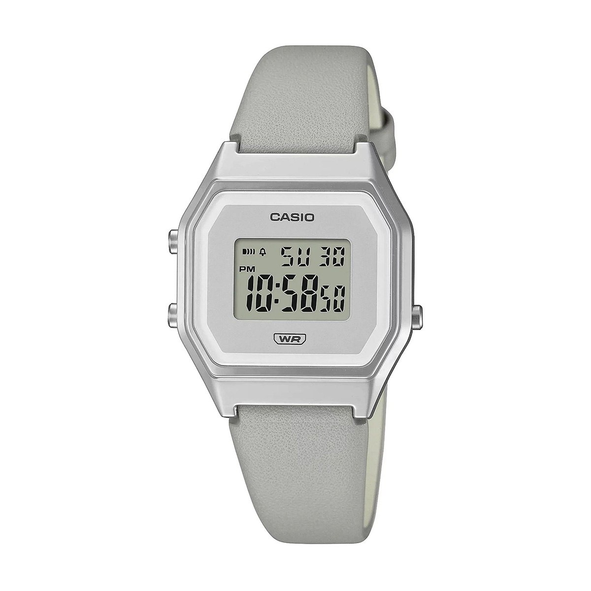 Casio digital wristwatch with a silver octagonal bezel and light gray strap, showing 10:58:50.