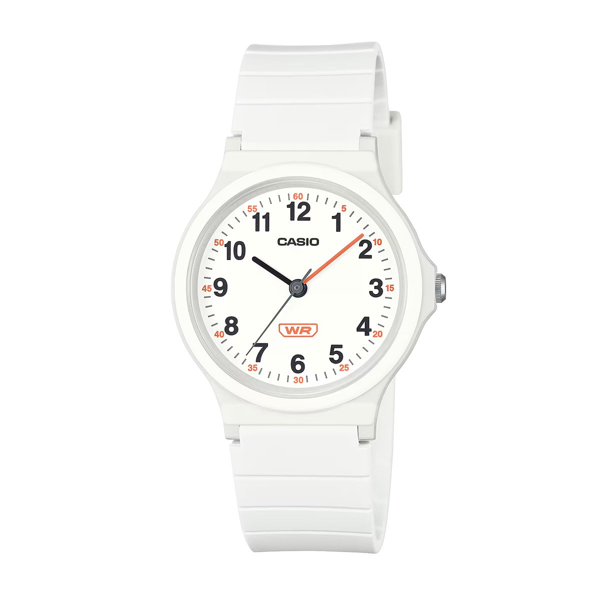 Casio white analog wristwatch with black hour hand, orange second hand, and white strap.